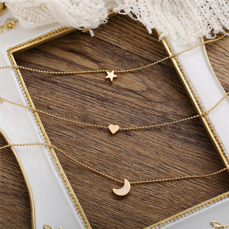 Triple Moon Star Heart Necklace Choker